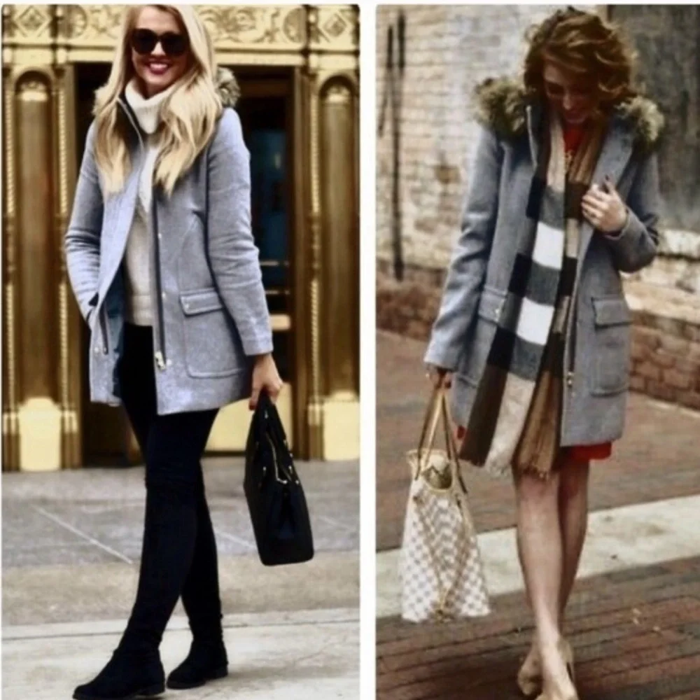 J.Crew Vail Parka Coat Wool Blend Faux Fur Hood Grey Winter Coat sz 12